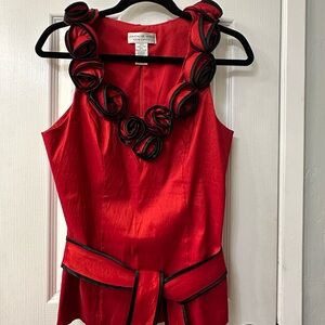 Red Sleeveless Blouse with Rosette Details